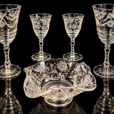 Vintage Etched Crystal Stemware & Floral Bowl Lot – 5 Piece Lot