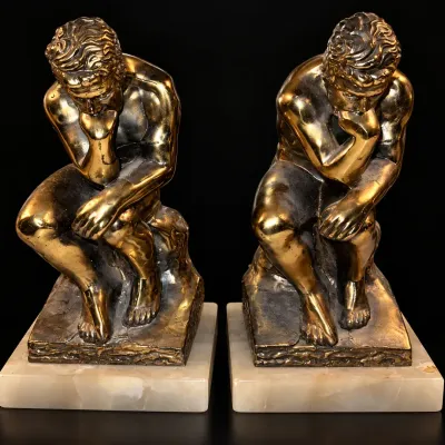 Pair of Rodin-Style “The Thinker” Bronze-Tone Sculptures on Stone Bases – 9”