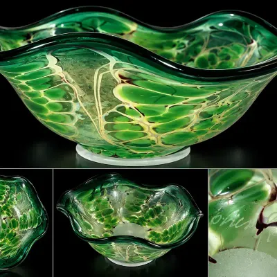 VENETIAN Signed GLASS MURANO MILLEFIORI Green BOWL VINTAGE 7”  CD