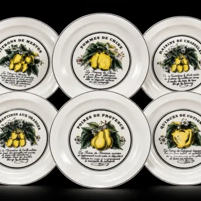 Vintage Lemon 6pc Set TOSCANY Japan 7.5" Salad Plates French Boxed and sold at I. Magnin