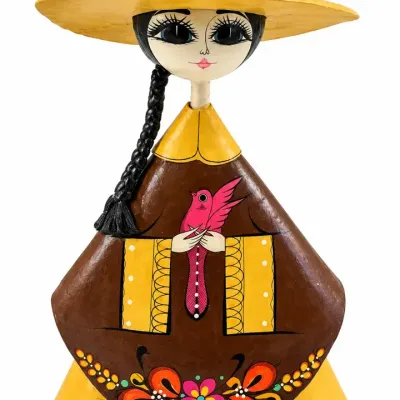 Hand-Painted Folk Art Lady Figurine with Wide-Brim Floral Hat & Bird – 15.5”