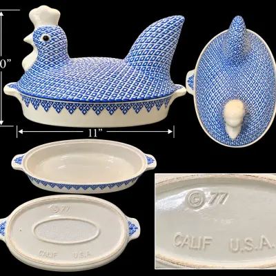 Vintage Blue & White Ceramic Hen on Nest Covered Casserole Dish – Calif. U.S.A. – 10” x 11”