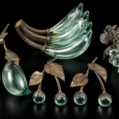 Vintage Art Glass Fruit Sculptures with Metal Leaves & Stems – Set of 4 – Grapes, Cherries, Bananas 