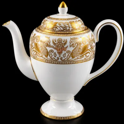 Wedgwood Gold Florentine Bone China Coffee Pot with Lid – Made in England – 10” H x 8.25” W