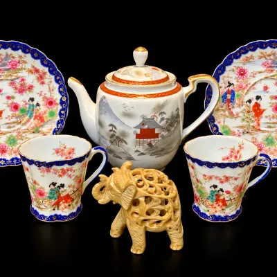 Vintage Asian Porcelain & Decorative Art Lot – Kutani, Lefton China, CPO Teapot, Elephant & More