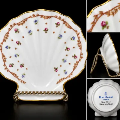 Haviland France Vieux Sèvres Porcelain Shell Trinket Dish Décor Floral Gold