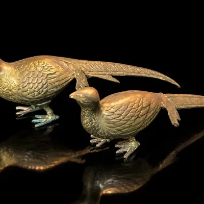 Pair Vintage Brass Pheasant Bird Sculptures – Long Tail Figural Décor 13”+