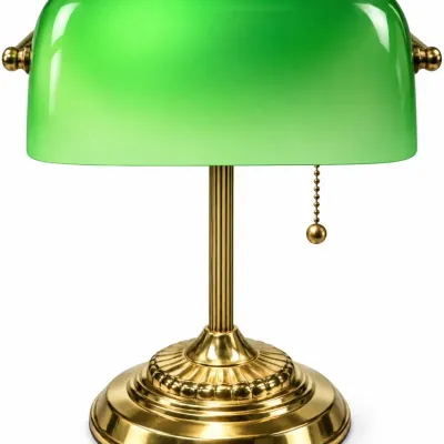 Vintage Banker’s Desk Lamp Green Glass Shade Brass Finish Pull Chain 12” Tall