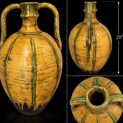 Vintage Majolica Pottery Vase Urn Jar Hand Thrown Two Handle 29” Tall Planter 