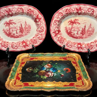 Decorative Serving Platter Lot Pair Royal Staffordshire Safe Harbour Transferware & Gilt Floral Tray