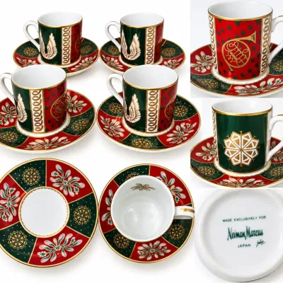 Neiman Marcus Japan Set of 8 Demitasse Espresso Cups & Saucers – Red Green Gold