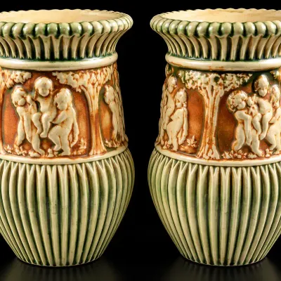 Pair of Vintage Roseville Donatello Art Pottery Vases – 10” Tall – Cherub Relief Design
