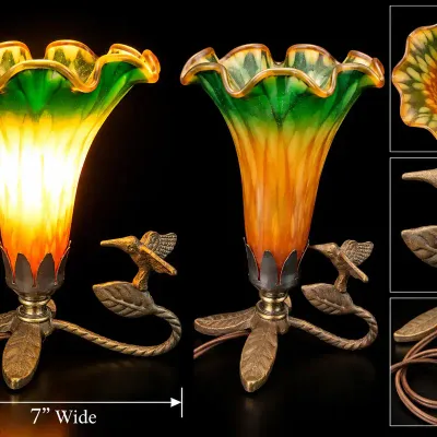 Unsigned Vintage Art Glass Accent Lamp – Green & Amber Ruffled Shade w/ Hummingbird Metal Base