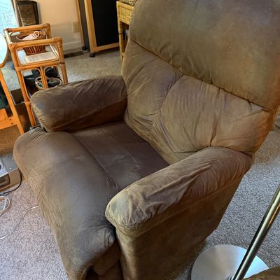 Sale Photo Thumbnail #21: Brown microfiber power lift recliner with padded pillow-top armrests, showing light wear.