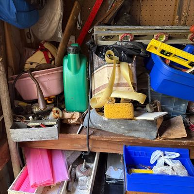 Sale Photo Thumbnail #74: Assorted workshop tools, storage bins, and hardware accessories stored on shelves and in drawers.
