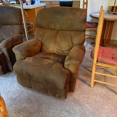 Sale Photo Thumbnail #19: Brown microfiber power or manual recliner armchair with plush tufting, showing minor surface wear.