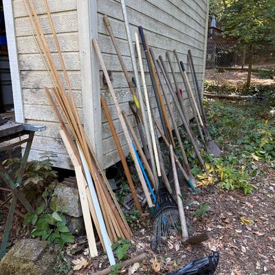 Sale Photo Thumbnail #70: Collection of long-handled yard tools and wood molding leaning against an outdoor shed, including rakes, shovels, hoes, and measuring sticks in used condition.