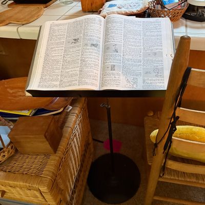 Sale Photo Thumbnail #26: Large open dictionary displaying illustrations, rested on a black metal adjustable book or music stand.