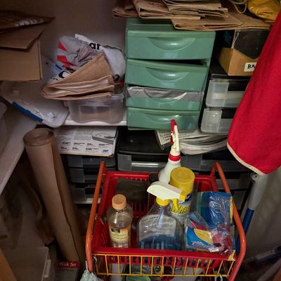 Sale Photo Thumbnail #56: A cluttered pantry closet filled with plastic storage drawers, cleaning supplies in a red rolling cart, brown paper bags, and miscellaneous household items.
