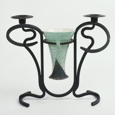 STUDIO POTTERY VASE WITH WROUGHT IRON CANDLESTICKS.