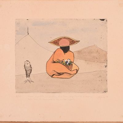 HAND COLORED ENGRAVING WITH WOMAN AND FISH.