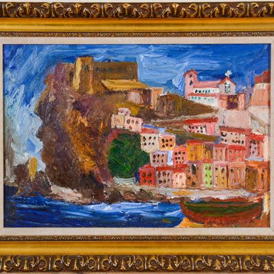 PAINTING OF A EUROPEAN SEASIDE VILLAGE.