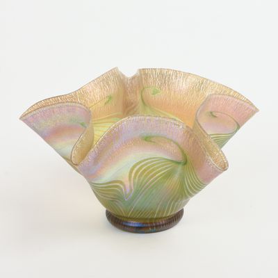 TIFFANY FAVRILE GLASS HANDKERCHIEF VASE.