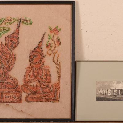 TIBETAN TEMPLE RUBBING AND A PRINT OF STONEHENGE.