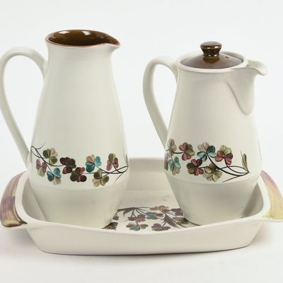 TWO DENBY PORCELAIN PITCHERS AND A DISH.
