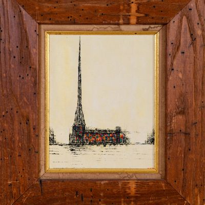 MID CENTURY MODERN PAINTING WITH CATHEDRAL.