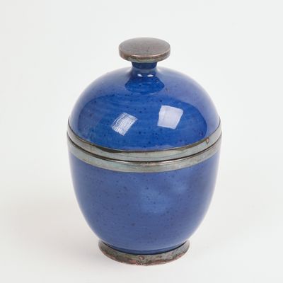 STERLING AND CERAMIC LIDDED JAR.