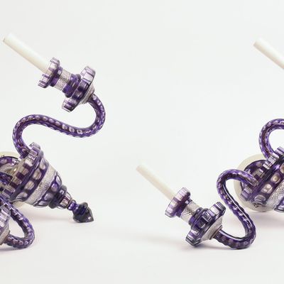 PAIR OF PURPLE MURANO GLASS WALL SCONCES.