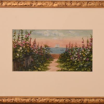 EARLY 20TH CENTURY WATERCOLOR OF HOLLYHOCK LANE, PROVINCETOWN.