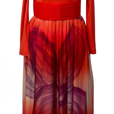 HAND PAINTED RED TIERED CHIFFON DRESS.