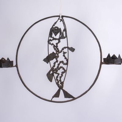 BRUTALIST WROUGHT IRON FISH DOUBLE SCONCE