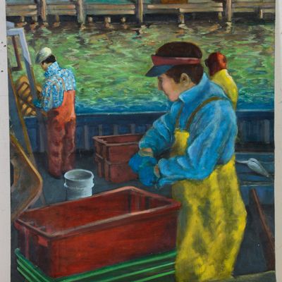 EVEKEH C. TRAYNOR III. THREE MEN SHUCKING SCALLOPS.
