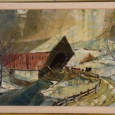 ROBERT LEBRON (1928 - 2013 NYC) LANDSCAPE WITH COVERED BRIDGE.