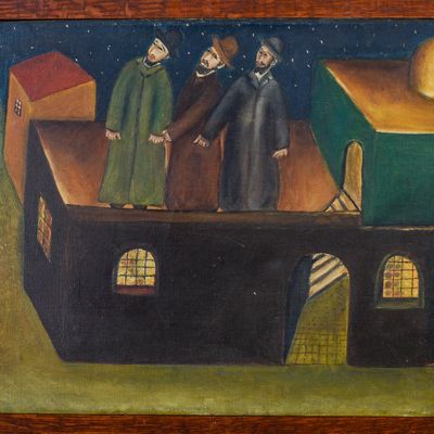 OUTSIDER ART PAINTING OF THREE MEN ON A ROOFTOP.
