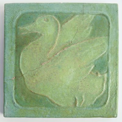 LARGE ART POTTERY APPLE GREEN DUCK TILE