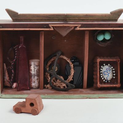 MODERN SHADOW BOX WITH ASSEMBLED ITEMS.