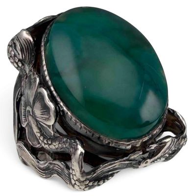 Art Nouveau Sterling Silver Green Agate Snake Ring, Early 20th C.