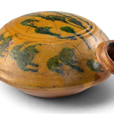 Antique Yellow & Green Glazed Folk Pottery Canteen
