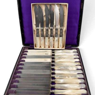 Two Sets Mother-of-Pearl Handled Silver Fruit Knives