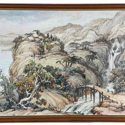 Yue Tin Mui (Chinese, 1892-1985), Landscape With Waterfall, Acrylic On Canvas