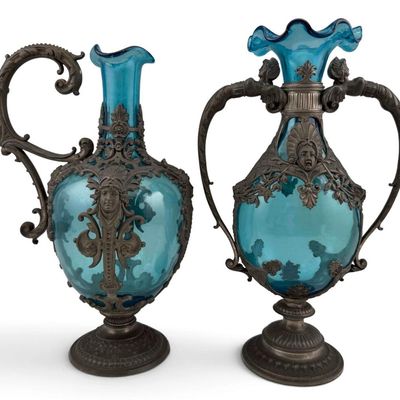 Antique Pewter Mounted Blue Glass Vase & Ewer