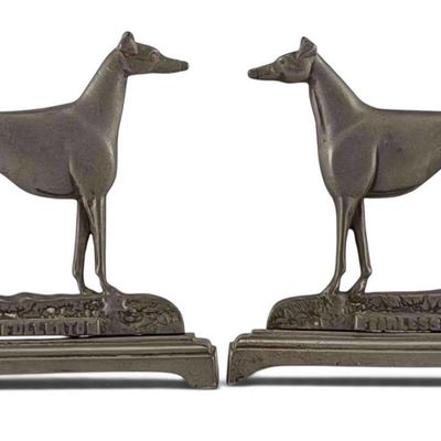 Pair English Cast Metal Greyhound Andiron Guards, Fullerton & Fearless Footsteps