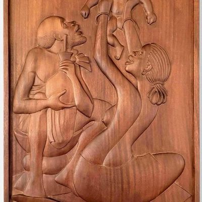 Laurent Hategekimana (Rwandan, b. 1967), Family, African Carved Wood Relief Panel