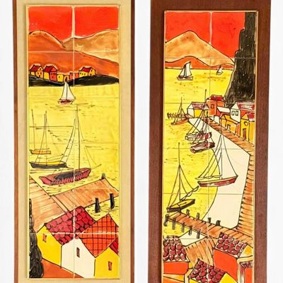 Pair of Mid-Century Painted Ceramic Tile Panels, Harbor Scene