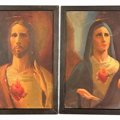 Pair of Religious Oil Paintings on Canvas, Sacred Heart of Jesus and Immaculate Heart of Mary