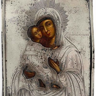 Russian 84 Silver Vladimir Mother of God Icon, 19th Century